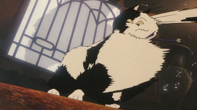 Neo Tokyo - cartoon longhair black and white cat Cicerone being blasted