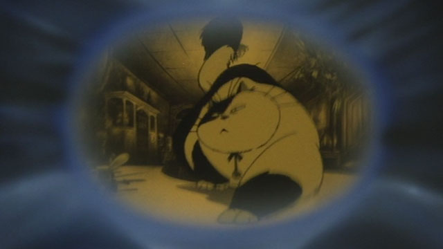 Neo Tokyo - cartoon longhair black and white cat Cicerone looking in mirror
