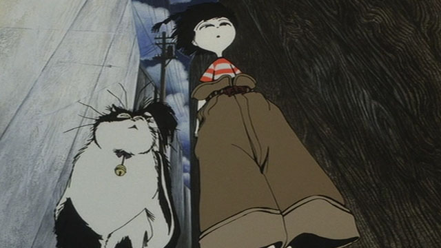 Neo Tokyo - little girl Sachi with cartoon longhair black and white cat Cicerone