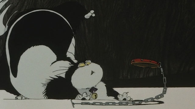 Neo Tokyo - cartoon longhair black and white cat Cicerone scared of dog collar