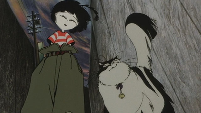 Neo Tokyo - little girl Sachi with cartoon longhair black and white cat Cicerone smiling