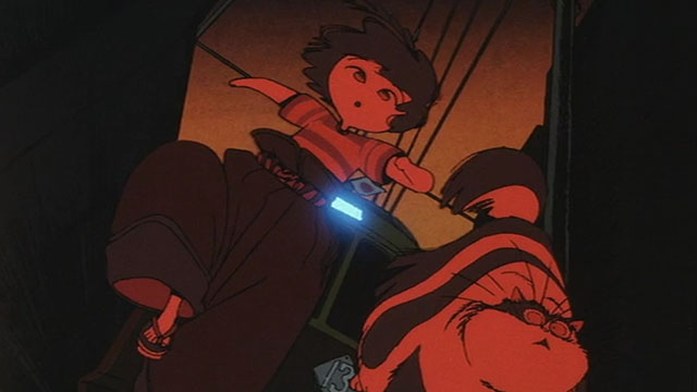 Neo Tokyo - little girl Sachi with cartoon longhair black and white cat Cicerone running away from train