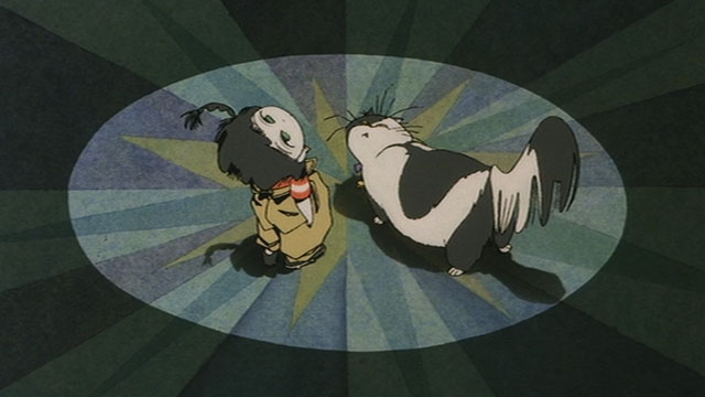 Neo Tokyo - little girl Sachi with cartoon longhair black and white cat Cicerone in circus spotlight