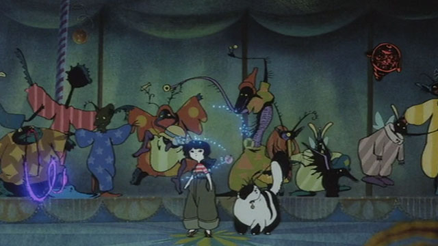 Neo Tokyo - little girl Sachi with cartoon longhair black and white cat Cicerone surrounded by odd circus creatures