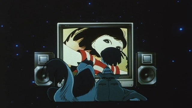 Neo Tokyo - little girl Sachi with cartoon longhair black and white cat Cicerone watching television