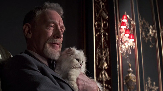 Never Say Never Again - Blofeld Max von Sydow smiling and holding white Angora cat