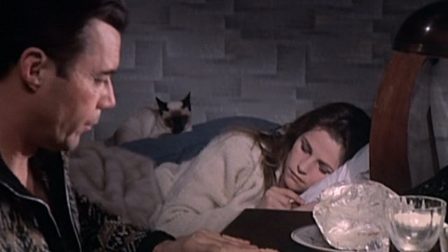 The Night Porter - Siamese cat on bed with Lucia Charlotte Rampling behind Max Dirk Bogarde
