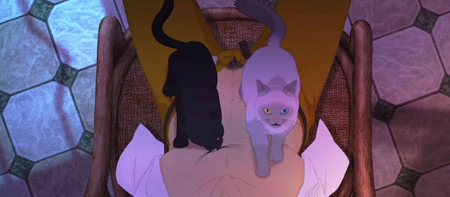 No. 7 Cherry Lane - cartoon gray cat and Himalayan cat licking and climbing on Ziming's body