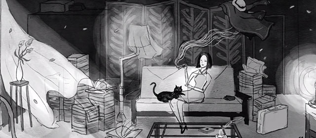 No. 7 Cherry Lane - concept art of cartoon gray cat sitting on couch with Mrs. Yu