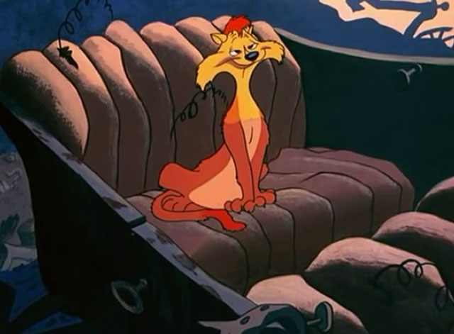 No Barking - cartoon yellow Claude cat waking up in jalopy in junk yard