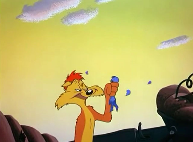 No Barking - cartoon yellow Claude cat snatching blue bird