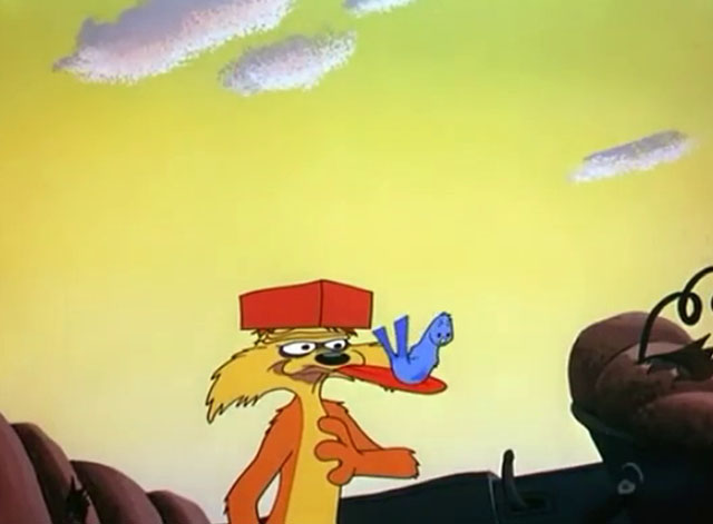 No Barking - cartoon yellow Claude cat spitting out blue bird after being hit by brick