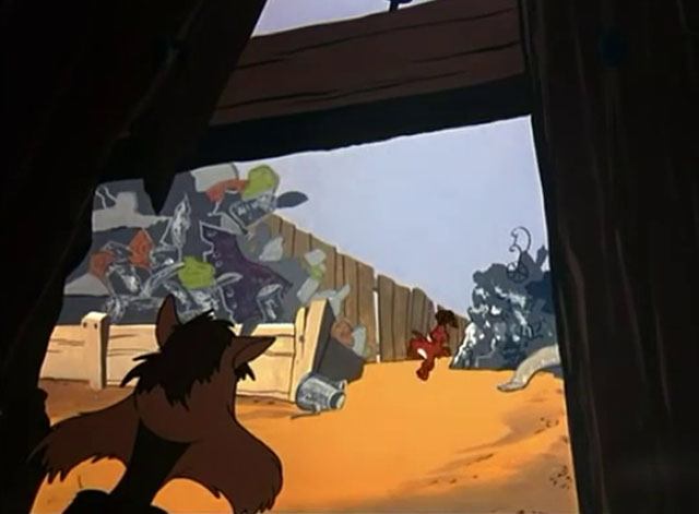 No Barking - cartoon yellow Claude cat watching Frisky Puppy trot away