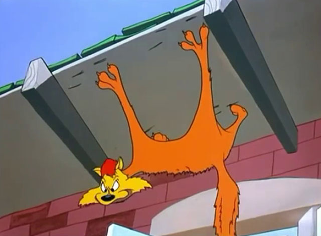 No Barking - cartoon yellow Claude cat hanging by claws from awning