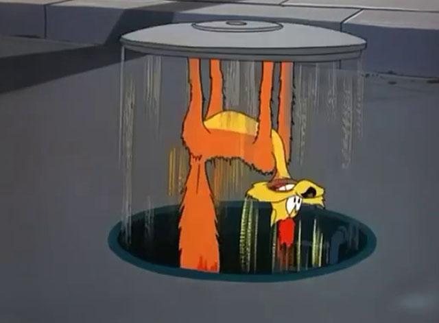 No Barking - cartoon yellow Claude cat flying up through manhole