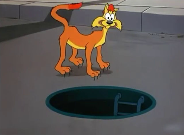 No Barking - cartoon yellow Claude cat landing on feet on street