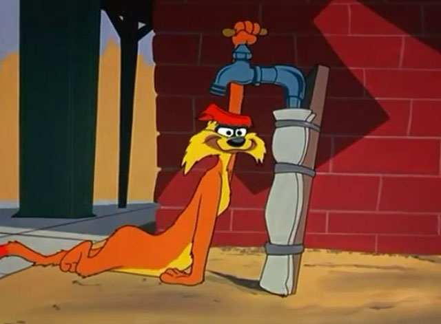 No Barking - cartoon yellow Claude cat about to pour water from spigot onto flat head