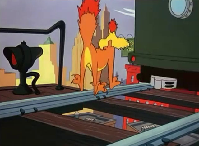No Barking - cartoon yellow Claude cat about to get hit by elevated train