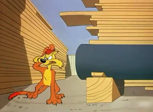 No Barking - cartoon yellow Claude cat in lumber yard