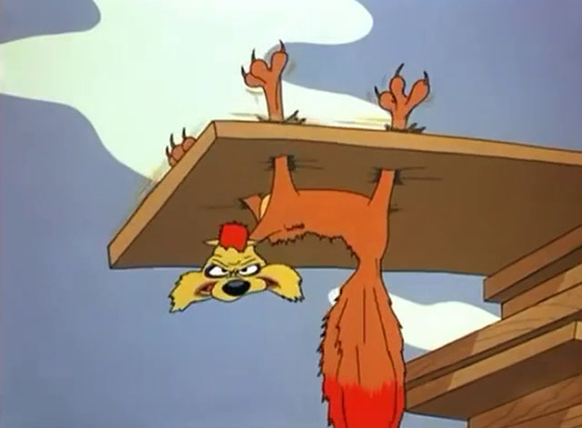 No Barking - cartoon yellow Claude cat hanging with legs through thin piece of lumber