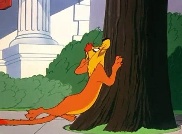 No Barking - cartoon yellow Claude cat about to climb tree