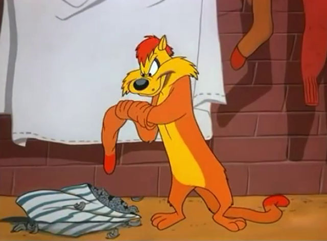 No Barking - cartoon yellow Claude cat stuffing sock to look like this tail