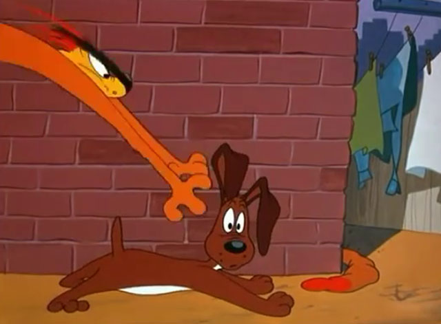 No Barking - cartoon yellow Claude cat leaping upon Frisky Puppy