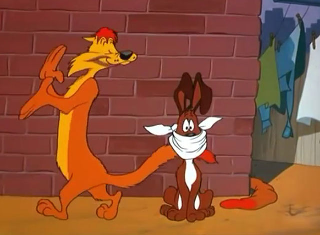 No Barking - cartoon yellow Claude cat satisfied after gagging Frisky Puppy