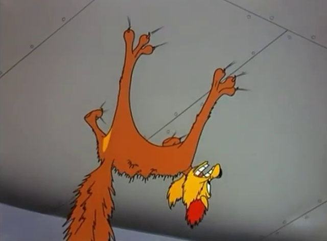 No Barking - cartoon yellow Claude cat hanging by claws from airplane wing