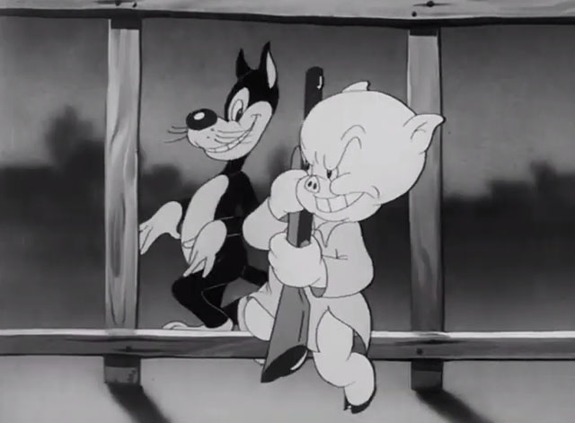 Notes to You - cartoon black cat sneaking behind fence with Porky Pig carrying shotgun