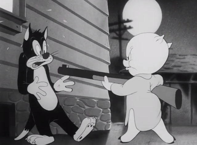 Notes to You - cartoon black cat scared at shotgun pointed at him by Porky Pig