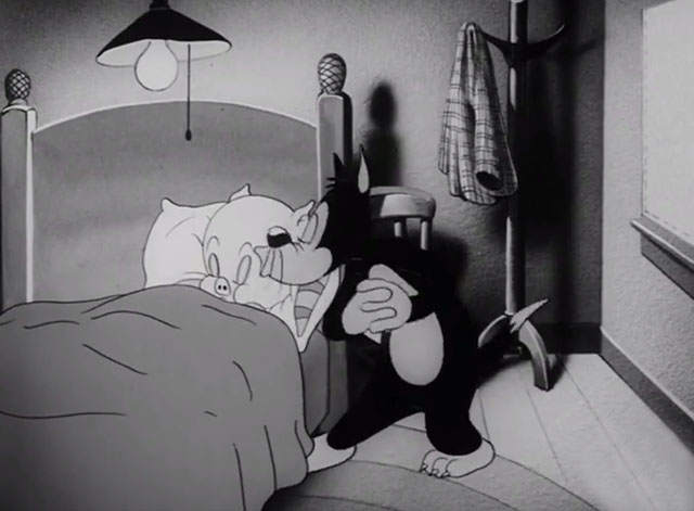 Notes to You - cartoon black cat kissing Porky Pig in bed