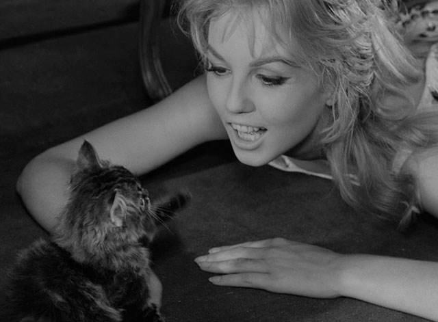 La notte brava - Laura Mylène Demongeot laying on floor playing with longhair tabby kitten