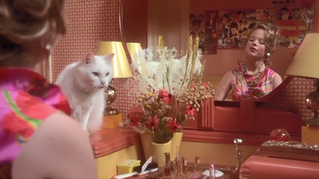 Now and Then - Teeny Thora Birch sitting in front of mirror with white cat
