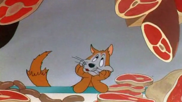 Odor-able Kitty - orange cartoon cat looking at meat in butcher shop window