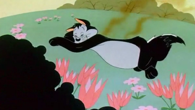 Odor-able Kitty - cartoon cat disguised as skunk lying on hillside