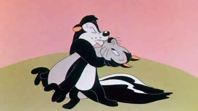 Odor-able Kitty - cartoon cat disguised as skunk in arms of Pepe Le Pew