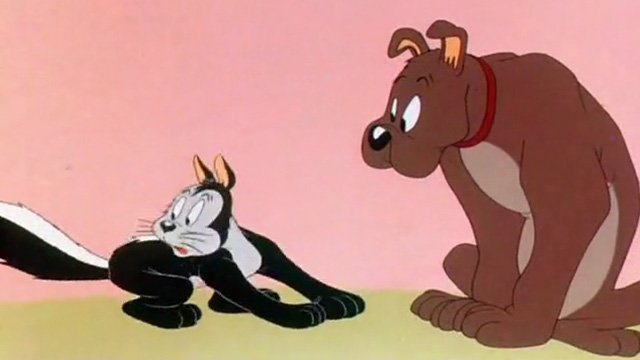 Odor-able Kitty - cartoon cat disguised as skunk approaching dog