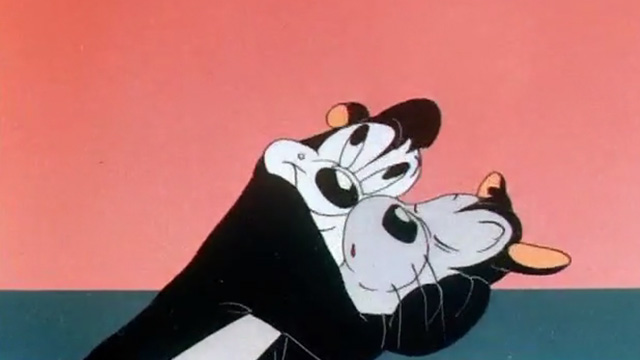 Odor-able Kitty - cartoon cat disguised as skunk passed out in arms of Pepe Le Pew