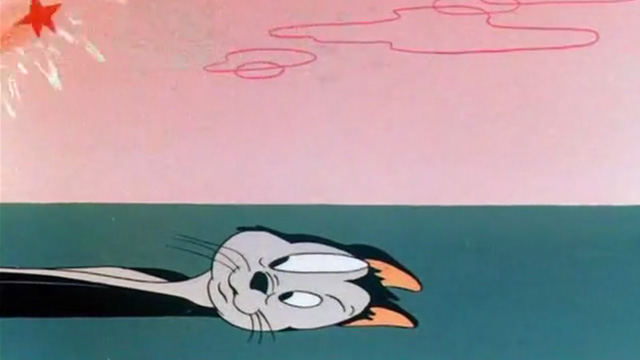 Odor-able Kitty - cartoon cat disguised as skunk lying on ground