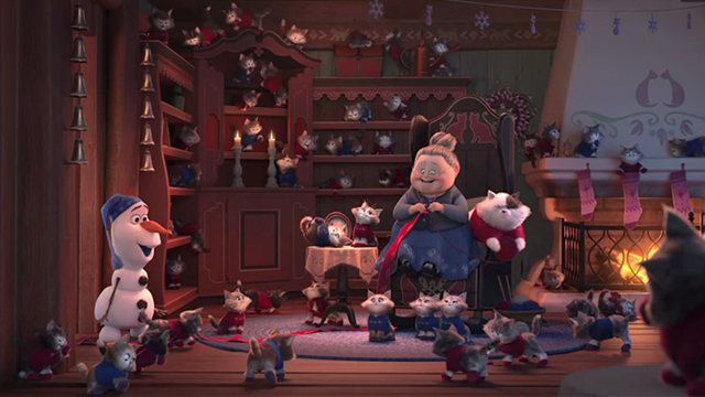 Olaf's Frozen Adventure - Olaf with older woman singing about knitting and surrounded by kittens