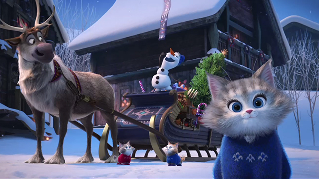 Olaf's Frozen Adventure - cute kitten in front of Olaf and sleigh