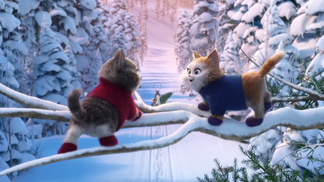 Olaf's Frozen Adventure - two kittens on tree branch watching Olaf ride away