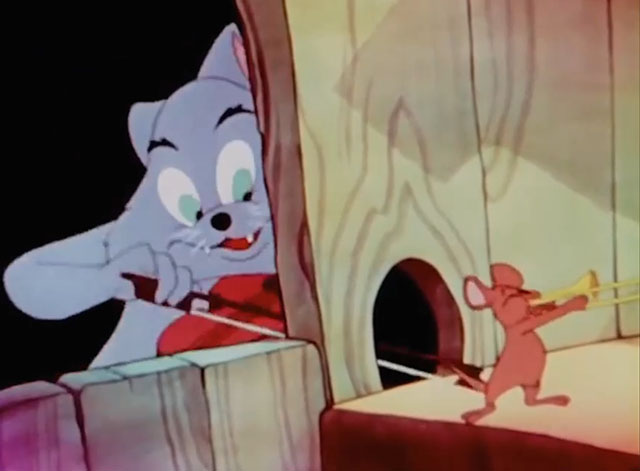 Old MacDonald Had a Farm - cartoon hungry cat reaching for mouse playing trombone with violin bow