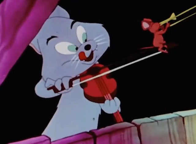 Old MacDonald Had a Farm - cartoon hungry cat lifting mouse playing trombone with violin bow