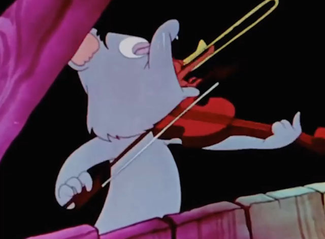 Old MacDonald Had a Farm - cartoon hungry cat pulling mouse playing trombone into his mouth with violin bow