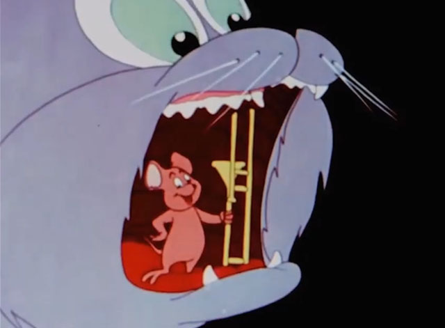 Old MacDonald Had a Farm - cartoon hungry cat with mouth propped open by mouse using trombone