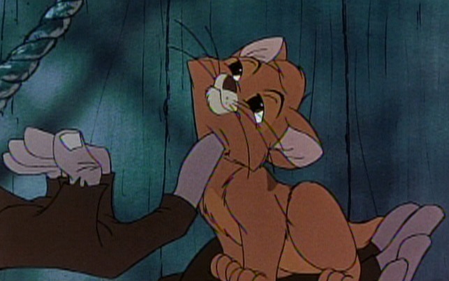 Oliver & Company - Oliver cat being petted by Fagin