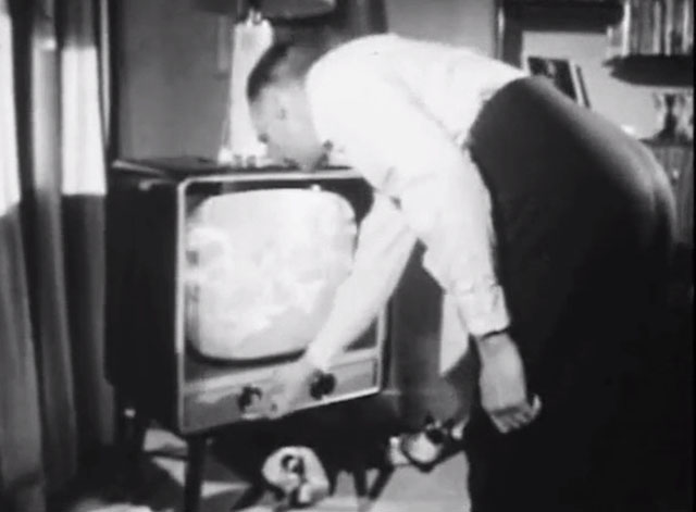 One Track Mind - man turning off television with two Siamese cat statues beneath