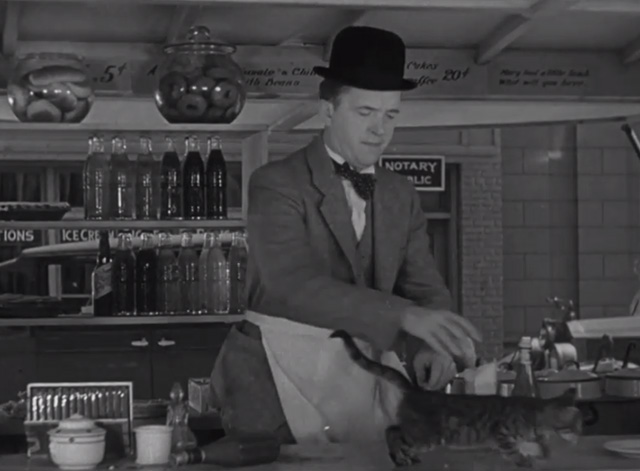Pack Up Your Troubles - tabby kitten on lunch counter in front of Stan Laurel